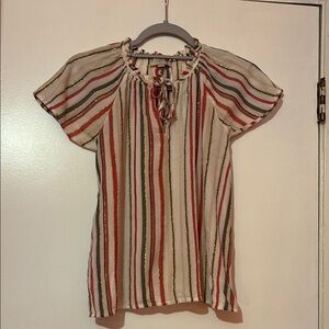 LOFT Red and Tan Flutter Sleeve Blouse with Tie Front